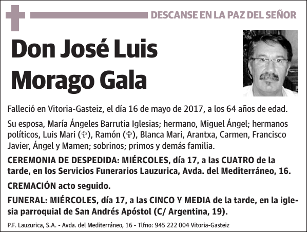 Esquela de José Luis Morago Gala : Fallecimiento | Esquela en El Correo