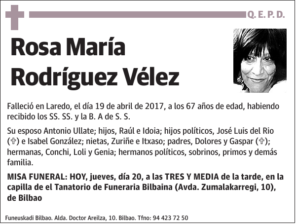 Esquela de Rosa María Rodríguez Vélez : Fallecimiento | Esquela en El ...