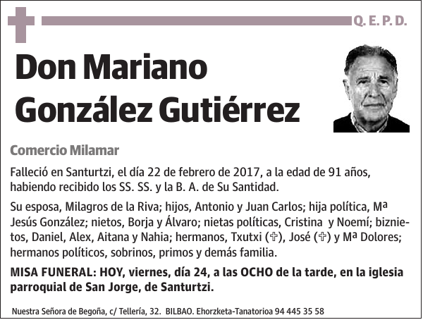 Esquela de Mariano González Gutiérrez : Fallecimiento | Esquela en El ...