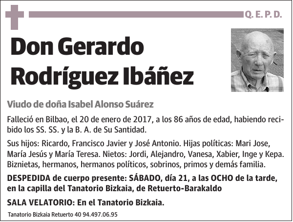 Esquela de Gerardo Rodríguez Ibáñez : Fallecimiento | Esquela en El Correo