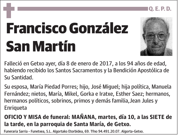 Esquela de Francisco González San Martín : Fallecimiento | Esquela en ...