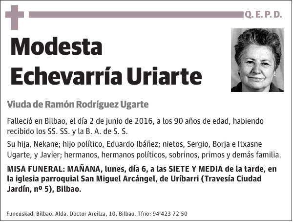 Esquela de Modesta Echevarría Uriarte Fallecimiento Esquela en El