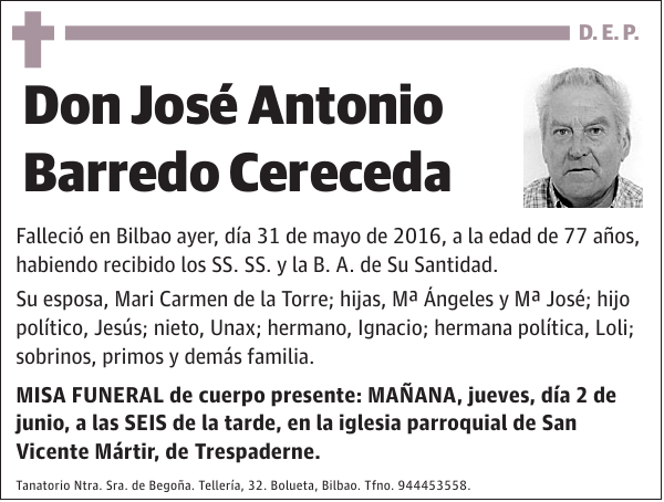 Esquela de José Antonio Barredo Cereceda : Fallecimiento | Esquela en ...