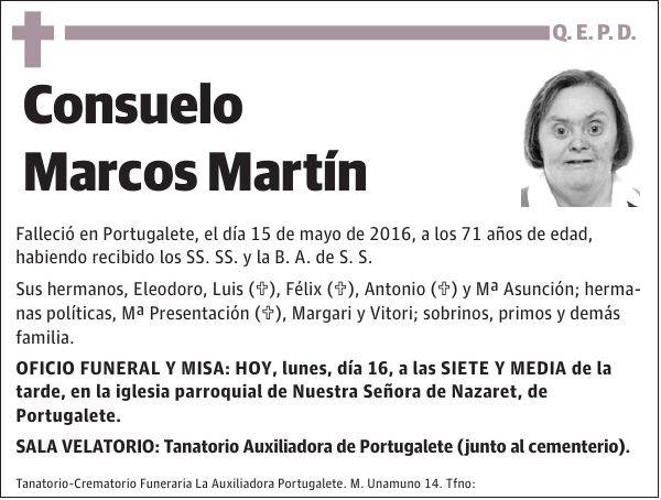Esquela de Consuelo Marcos Martín : Fallecimiento | Esquela en El Correo