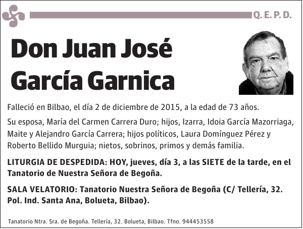 Esquela de Juan José García Garnica : Fallecimiento | Esquela en El Correo