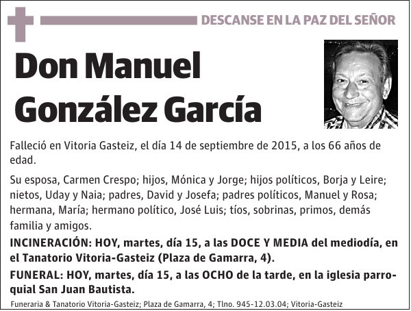 Esquela de Manuel González García : Fallecimiento | Esquela en El Correo