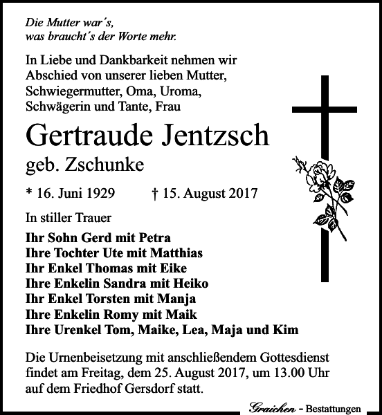 Gertraude Jentzsch Traueranzeige Sächsische Zeitung