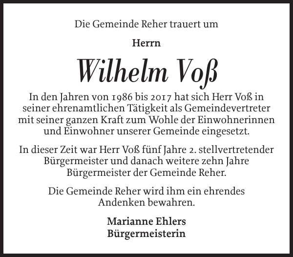 Wilhelm Voß Gedenken Norddeutsche Rundschau 