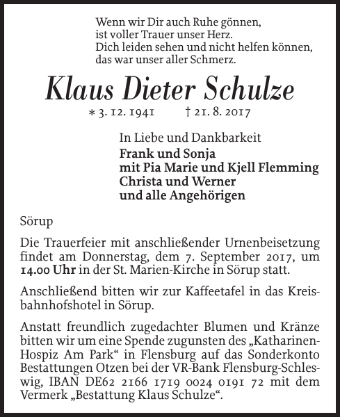 Klaus Dieter Schulze : Traueranzeige : Flensburger Tageblatt