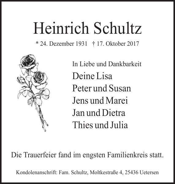 Heinrich Schultz Danksagung Uetersener Nachrichten
