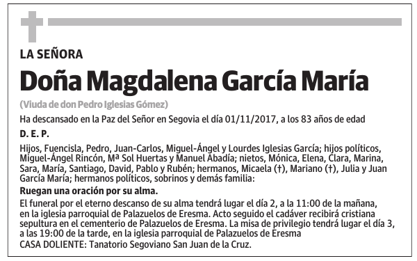 Esquela de Doña Magdalena García María : Fallecimiento | Esquela en El ...