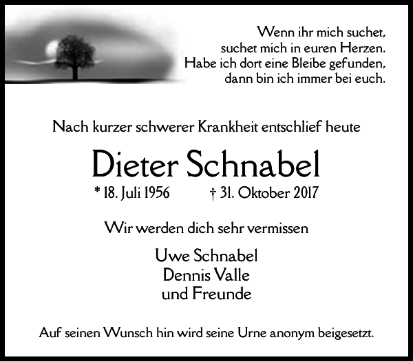 Dieter Schnabel: Traueranzeige : Westdeutsche Zeitung