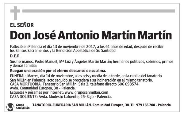 Esquela de Don José Antonio Martín Martín : Fallecimiento | Esquela en ...