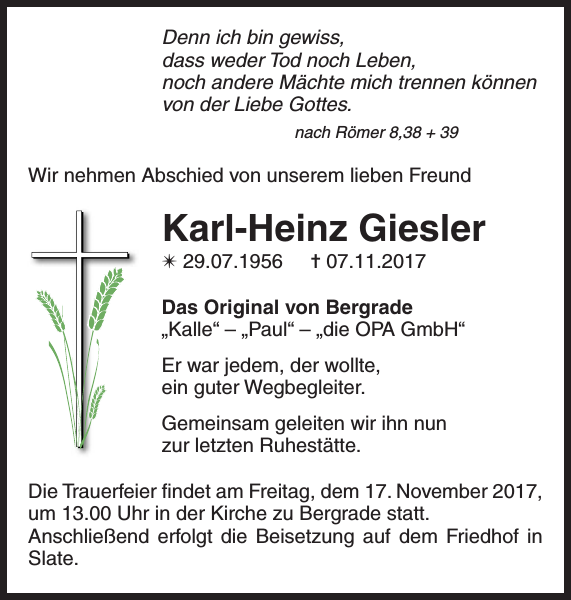 Karl-Heinz Giesler : Traueranzeige : Parchimer Zeitung