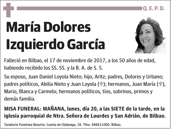 Esquela de María Dolores Izquierdo García : Fallecimiento | Esquela en ...
