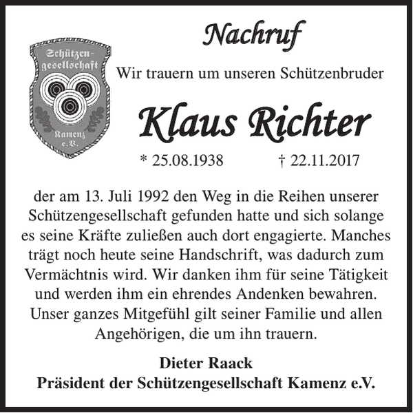 Klaus Richter : Nachruf : Wochen Kurier