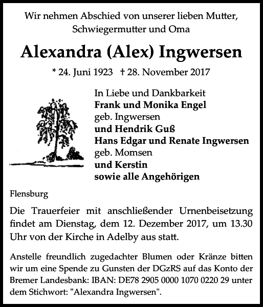 Alexandra Alex Ingwersen : Traueranzeige : Flensburger Tageblatt