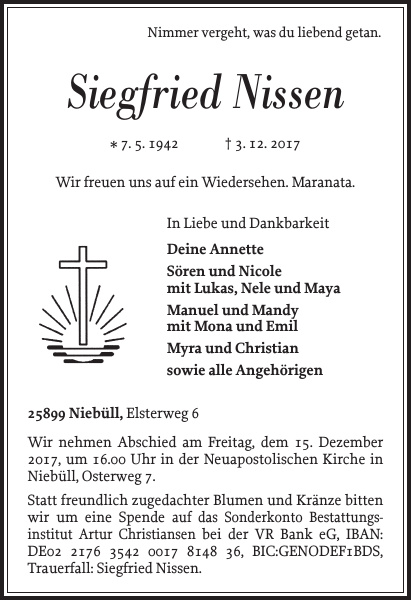 Siegfried Nissen Traueranzeige Nordfriesland Tageblatt