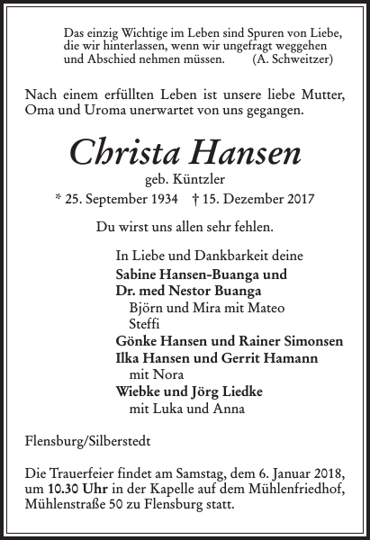 Christa Hansen: Traueranzeige : Schleswiger Nachrichten
