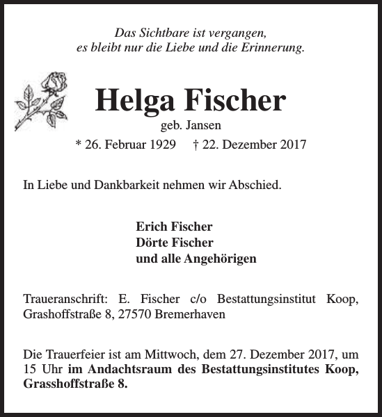 Helga Fischer Gedenken Nordsee Zeitung