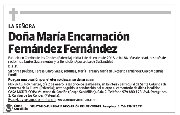 Esquela de Doña María Encarnación Fernández Fernández : Fallecimiento ...
