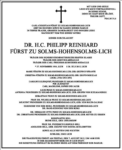 Dr. H.C. Philipp Reinhard Fürst zu Solms-Hohensolms-Lich Dr. H.C. Philipp Reinhard Fürst zu Solms-Hohensolms-Lich