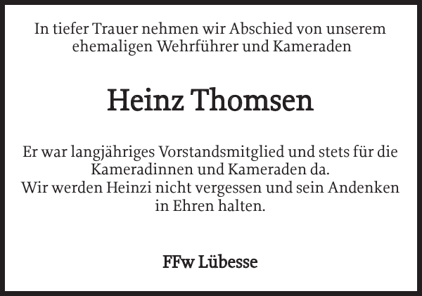 Heinz Thomsen: Traueranzeige : Zeitung für die Landeshauptstadt
