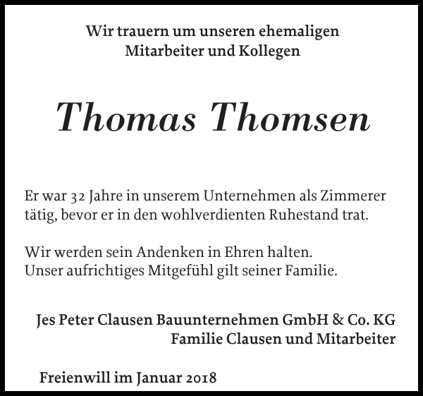 Thomas Thomsen : Gedenken : Flensburger Tageblatt