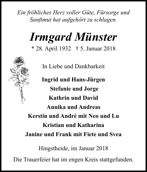 Irmgard Münster Traueranzeige Norddeutsche Rundschau