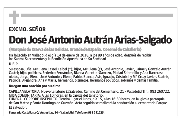 Esquela de Don José Antonio Autrán Arias-Salgado : Fallecimiento ...