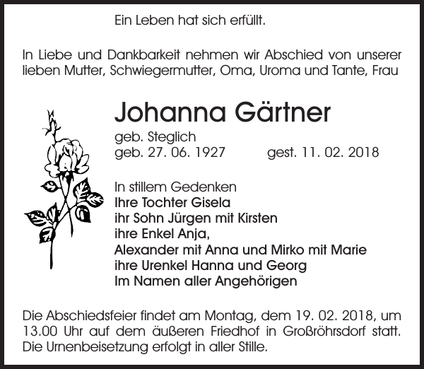 Johanna Gärtner Traueranzeige Sächsische Zeitung
