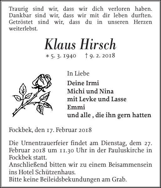 Klaus Hirsch Danksagung Landeszeitung
