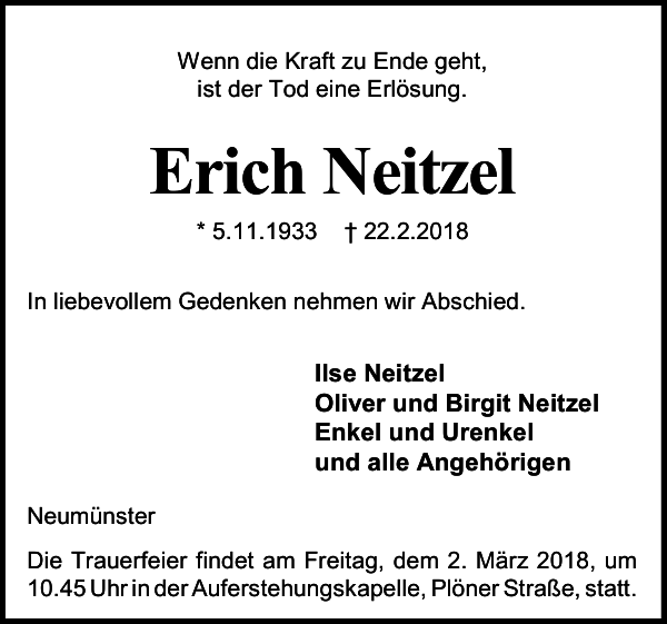 Erich Neitzel : Gedenken : Holsteinischer Courier