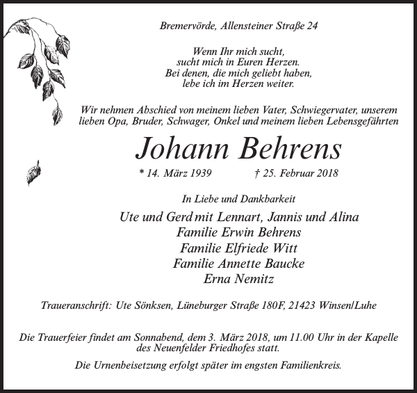 Johann Behrens Traueranzeige Bremervörder Zeitung