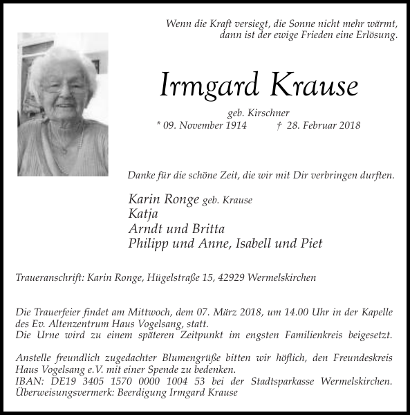 Irmgard Krause Traueranzeige Remscheider GeneralAnzeiger