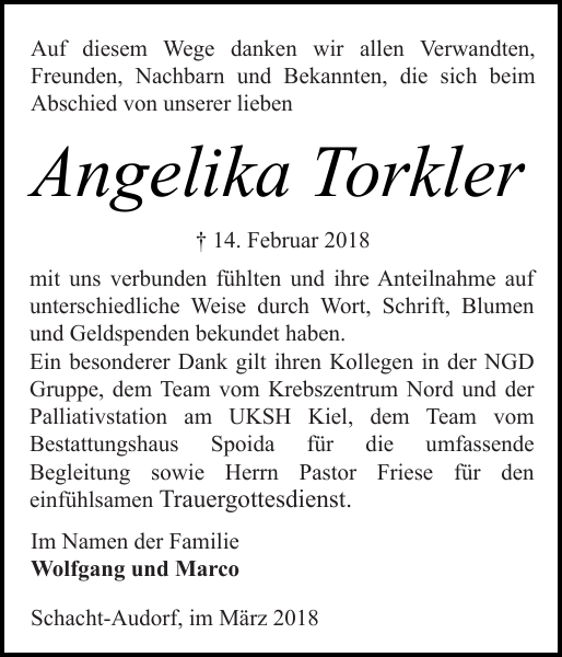 Angelika Torkler : Danksagung : Landeszeitung