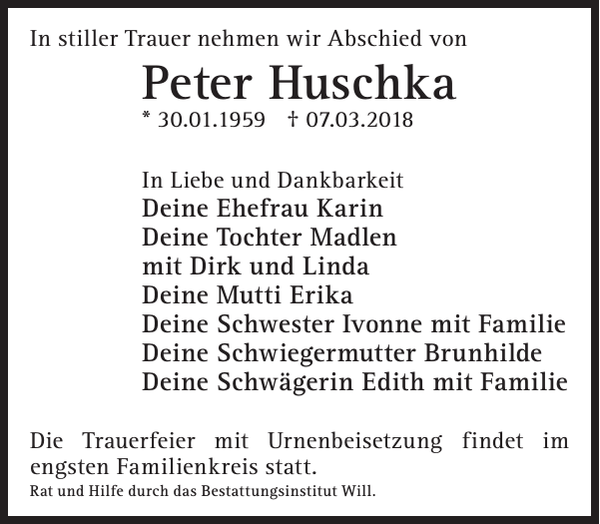 Peter Huschka Traueranzeige Wochen Kurier
