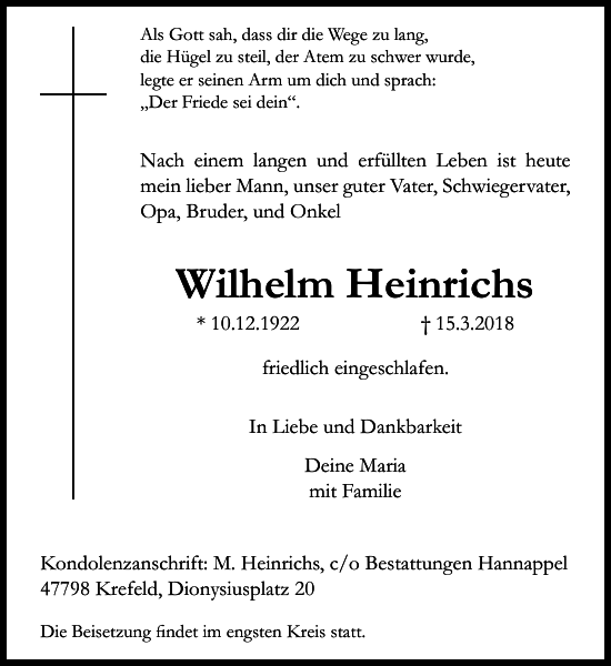 Wilhelm Heinrichs Traueranzeige Westdeutsche Zeitung