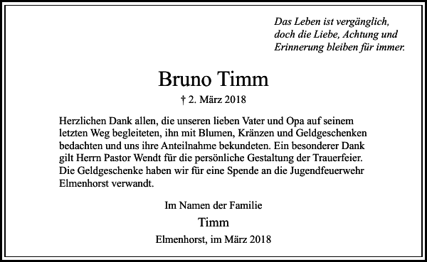 Bruno Timm Danksagung Stormarner Tageblatt