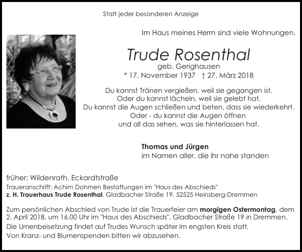 Trude Rosenthal : Traueranzeige : Super Sonntag / Super Mittwoch