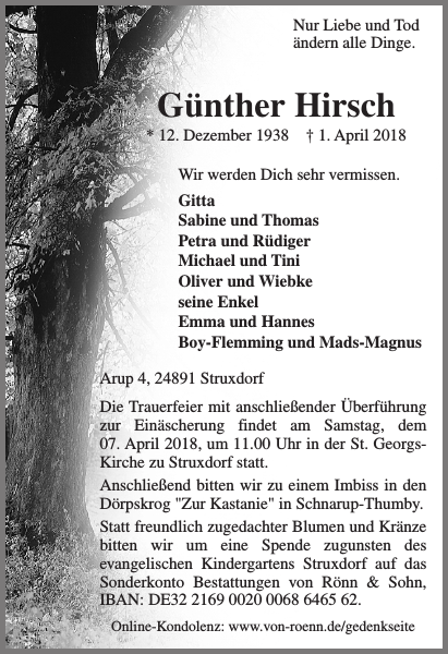 Günther Hirsch Traueranzeige Schleswiger Nachrichten
