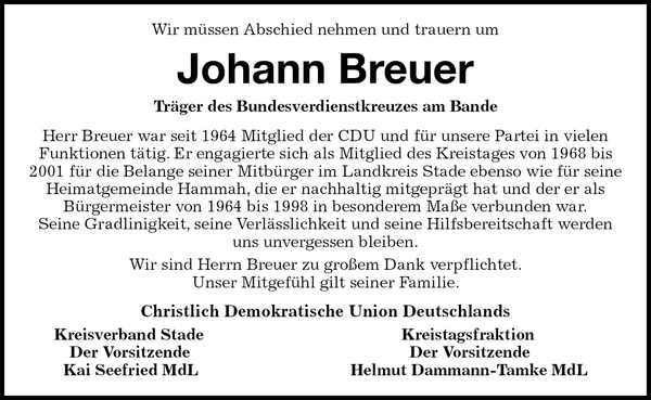 Johann Breuer Nachruf Stader Tageblatt
