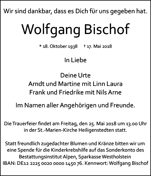 Wolfgang Bischof Traueranzeige Norddeutsche Rundschau