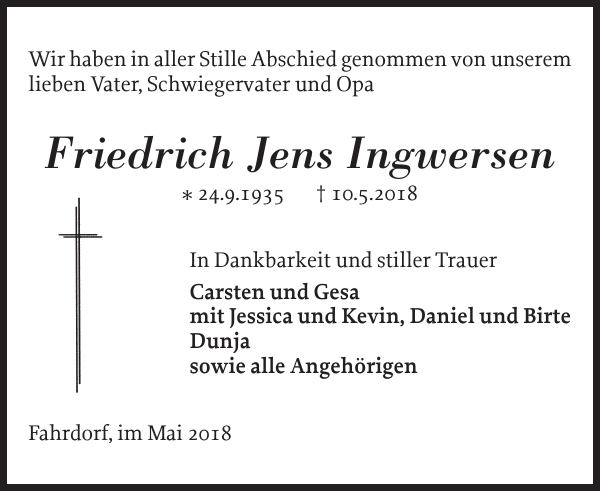 Friedrich Jens Ingwersen : Traueranzeige : Schleswiger Nachrichten