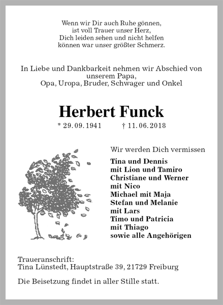Herbert Funck Traueranzeige Stader Tageblatt