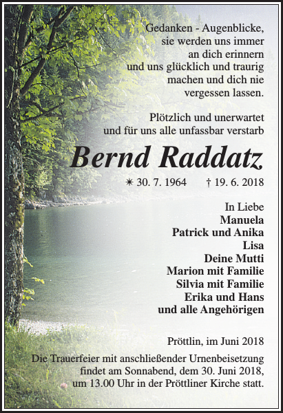 Bernd Raddatz Traueranzeige Der Prignitzer