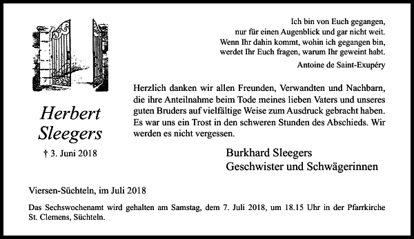 Herbert Sleegers Traueranzeige Westdeutsche Zeitung