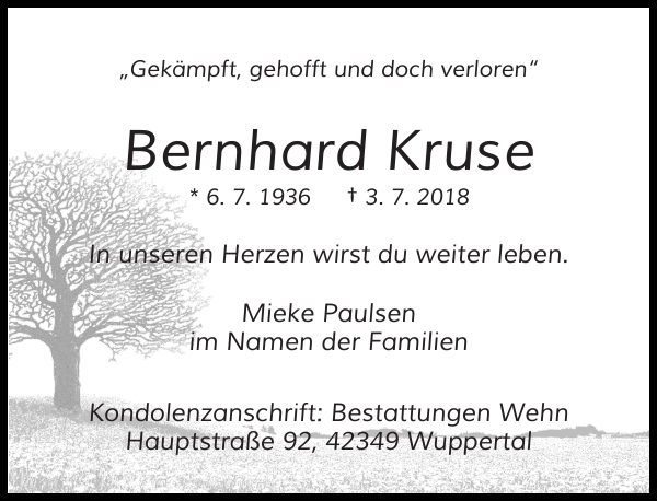 Bernhard Kruse Traueranzeige Westdeutsche Zeitung