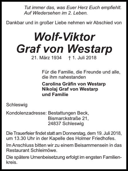 WolfViktor Graf von Westarp Traueranzeige Schleswiger Nachrichten