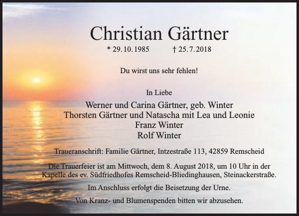 Christian Gärtner Traueranzeige Remscheider GeneralAnzeiger